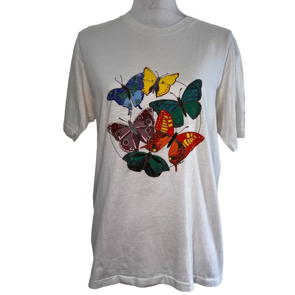 Vintage Painted Butterfly Short Sleeve‎ T-shirt Nature Butterflies Art To Wear